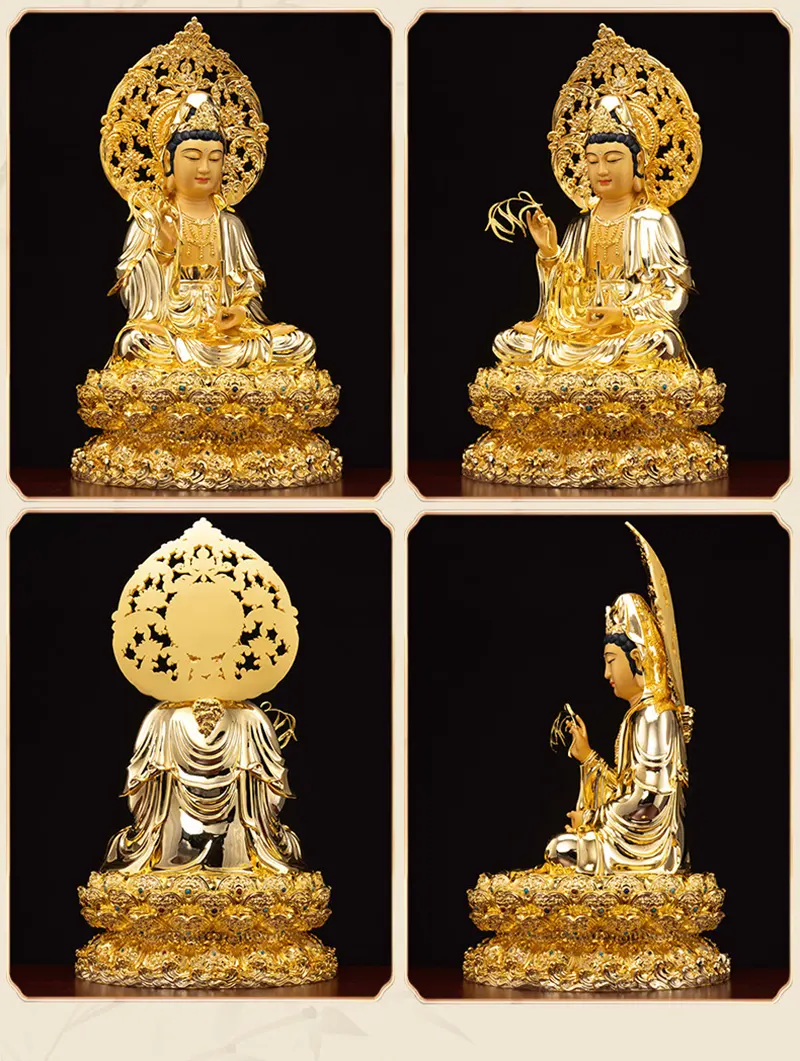 Gold Gilded Lotus Buddha Guanyin Bodhisattva Statue