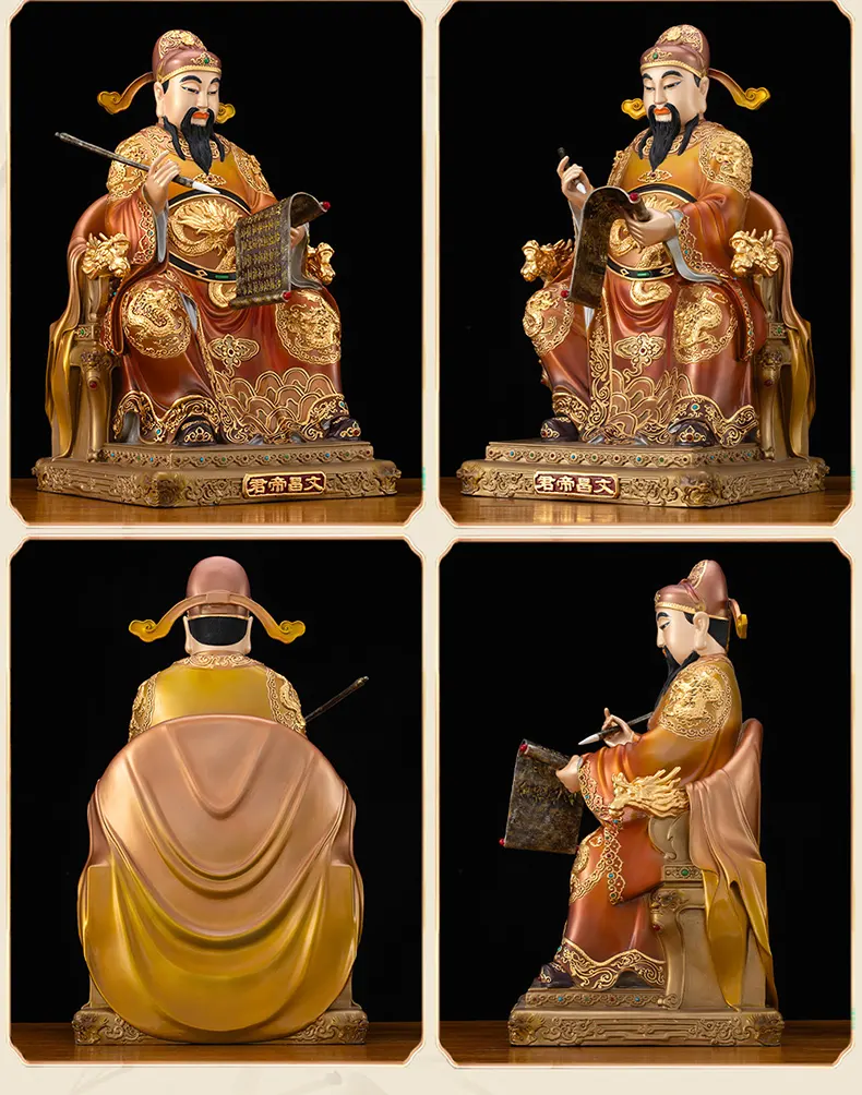 Solid Brass Gold Inlaid Painted Wenchang Statue