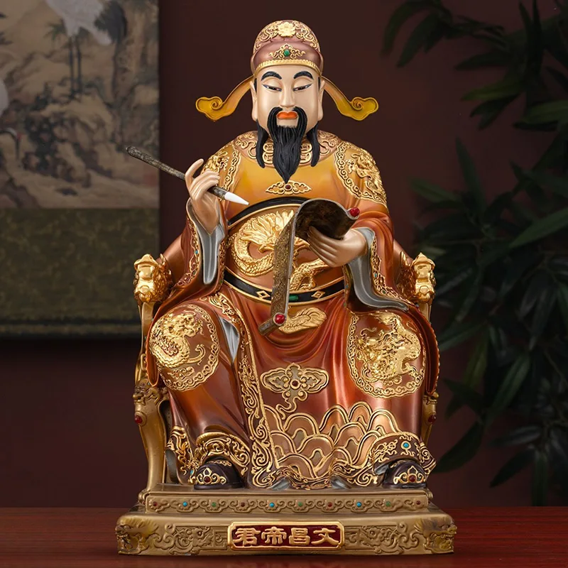 Solid Brass Gold Inlaid Painted Wenchang Statue